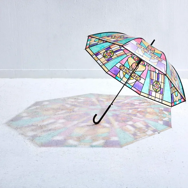 Romantic retro stained glass transparent umbrella small fresh dual-purpose long-handled umbrella