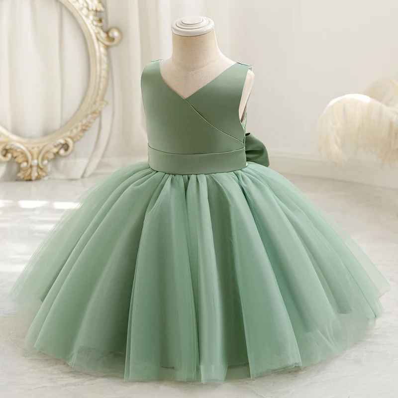 Baby Kids Green Lace Dresses For Children Girl Sleeveless Princess Gown Birthday Party Flower Girls White Dress