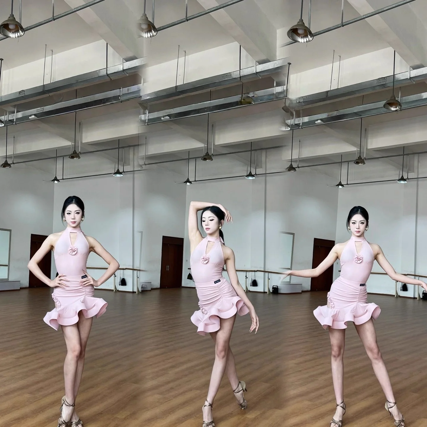 customized women adult Latin national standard dance costume practice outfit hanging neck flower top fishbone skirt fringe dress