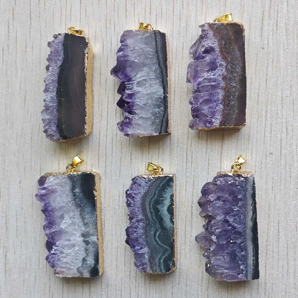 Beautiful Natural amethyst stone Slice Druzys Energy Healing  irregular Rectangle pendants for jewelry making Wholesale 6pcs/lot