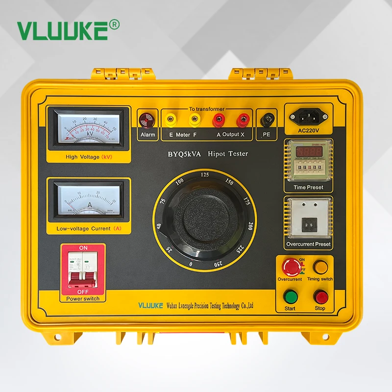 جهاز اختبار Hipot VLUUKE BYQ5kVA (نوع جاف) شاشة عرض مؤشر 5kVA/50kV صب مكنسة إيبوكسي CD تصميم مدمج أساسي