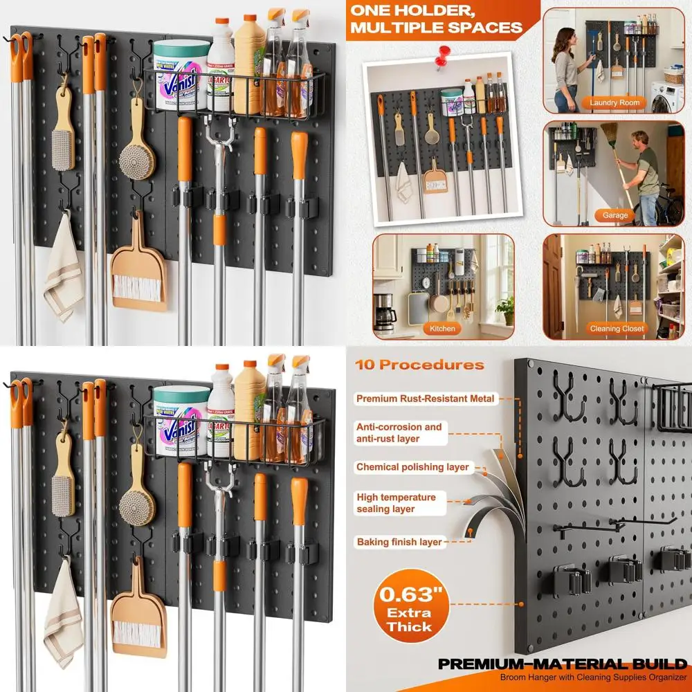 

Металлический настенный органайзер с держателем для швабр и метел, а также корзиной для хранения для кладовки и гаража