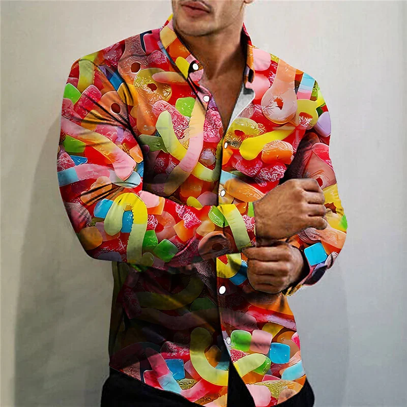 Camisa con estampado de comida para hombre, ropa de manga larga con solapa, color rosa, diseño de calle, informal