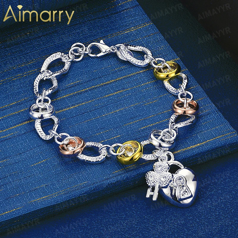 925 Sterling Silver Tri Color Splicing Heart Lock Key Pendant Bracelet for Women's Banquets High-quality and Fashionable Jewelry