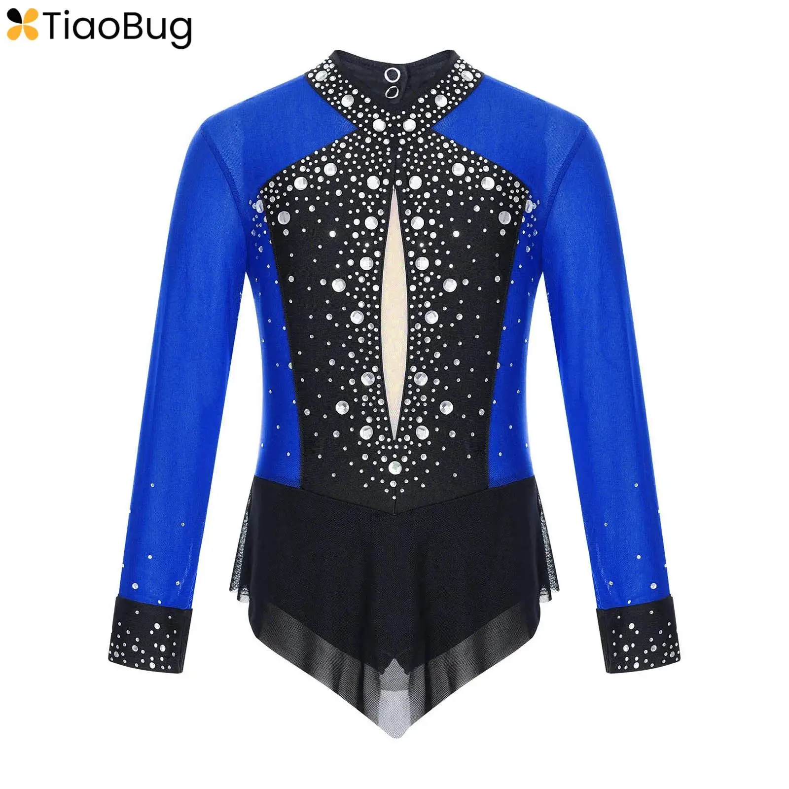 

Kids Girls Rhythmic Gymnastics Ballet Leotard Figure Skating Workout Dancewear Shiny Rhinestones Sheer Mesh Patchwork Bodysuit