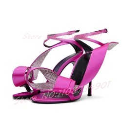 Yellow Crystal Ribbon Wrap Sandals Women Sweet Bowknot Open Toe Thin High Heels Sandals Classy Cross Strap Satin Big Size Shoes
