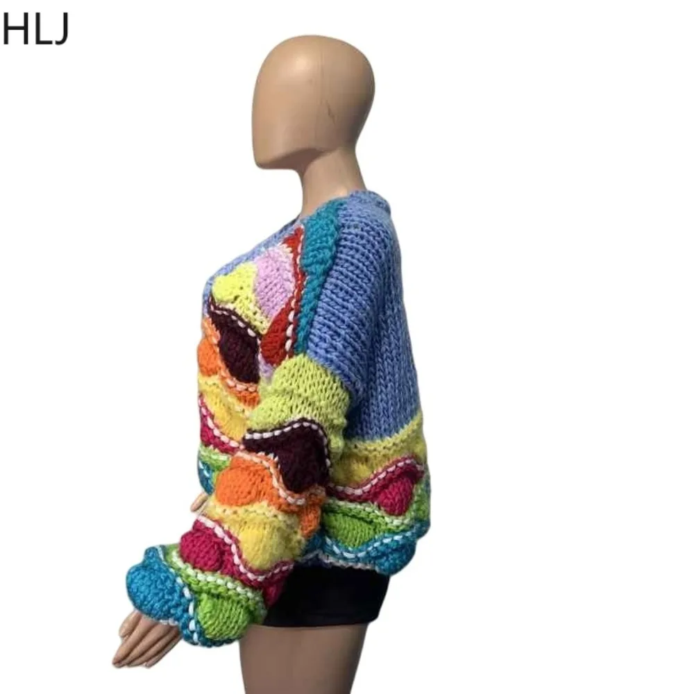 HLJ Casual Rainbow Knitting Sweater Women V Neck Button Loose Cardigan Spring New Female Thick Needle Retro Tops Streetwear 2025