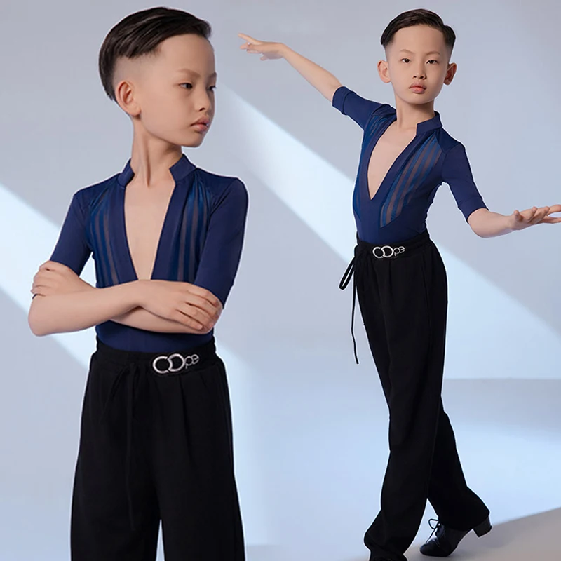 Boys Latin Dance Stage Clothes Kid Professional Performance Costume V-Neck Dance Top Black Pants Latin Training Outfit AMY3996