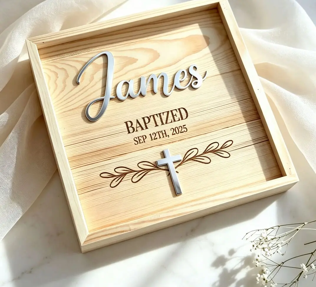 Personalized Baptism Wooden Keepsake Box, Custom Name & Date Engraved Storage Box with Mirror Acrylic Cross, Religious Sacrament