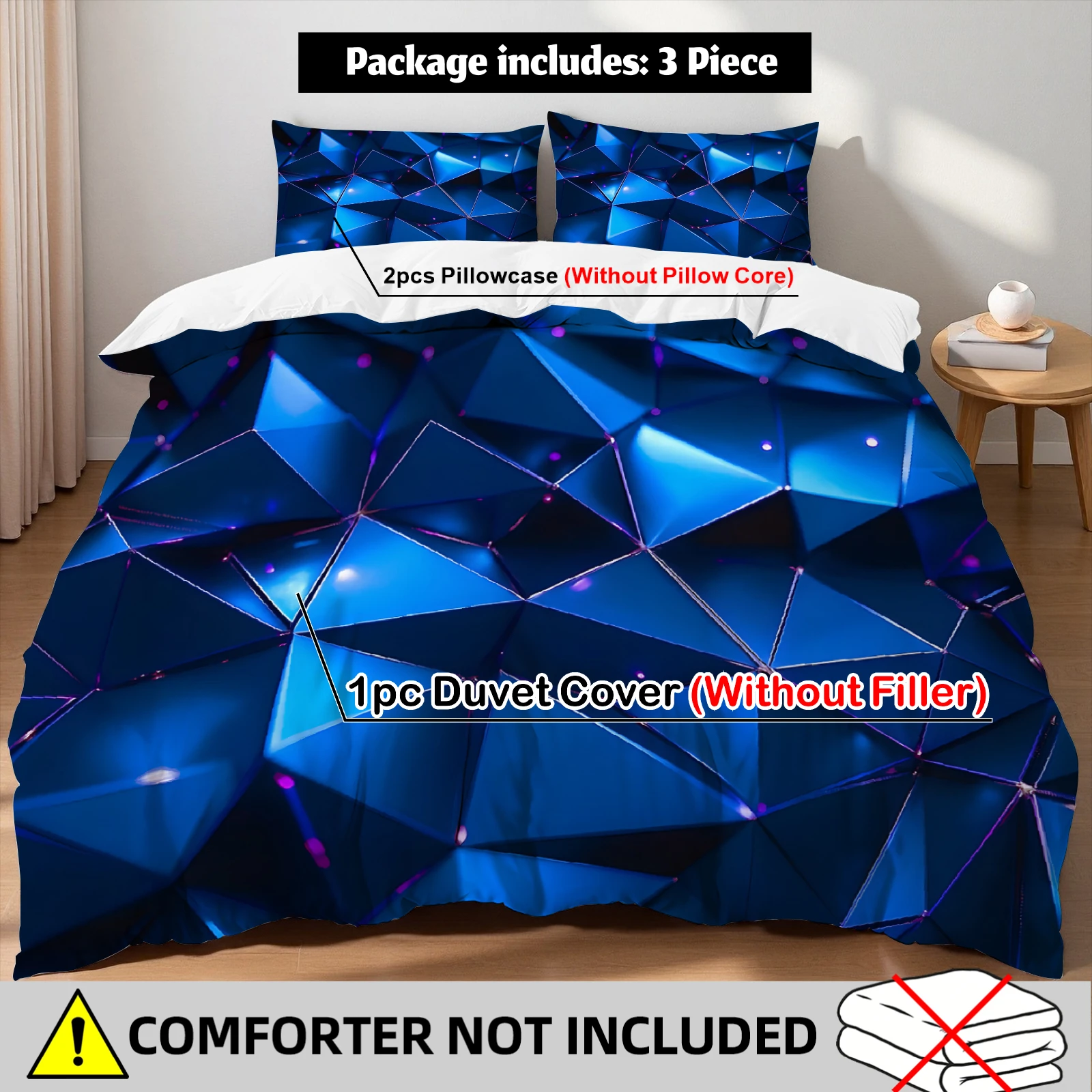 Blue Geometric Polygon Duvet Cover Set 3D Crystal Texture Bedding For Tech Lovers Bedroom Twin Queen King Size With 2 Pillowcase