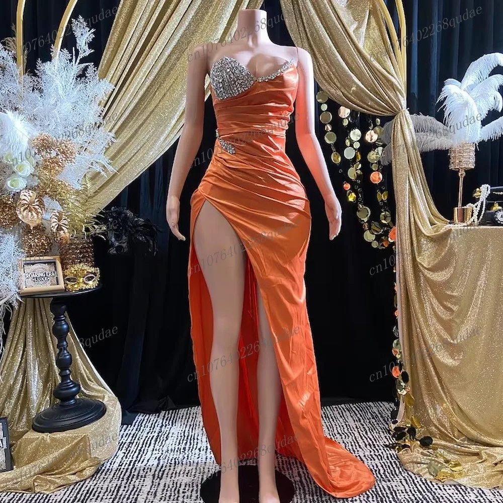 New Orange Sleeveless Satin Special Occasions Side Split Evening Dress Women's Prom Birthday Party Gown Mother Dresses