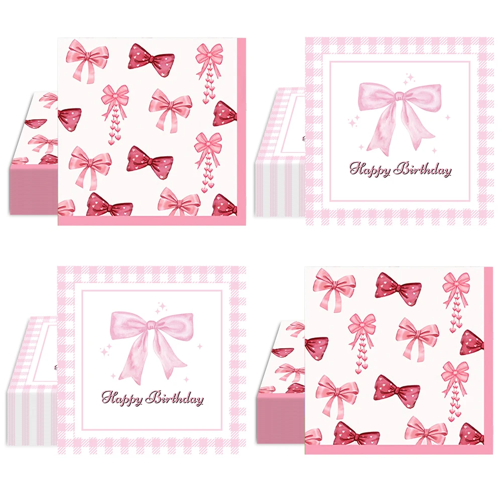 20/40/60/80/100pcs Pink Bow Napkins Birthday Party Decorations Bow Theme Bachelorette Party Supplies For Girl Baby Shower Decors