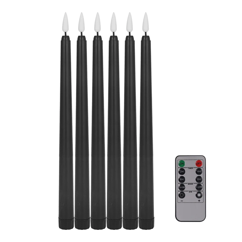 Pack Of 6 Remote Halloween Taper Candles,Black Color Flameless Fake Pillar Candles,Battery Candles With Contain