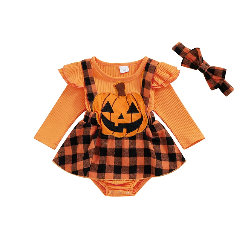 

Baby Girls Halloween Romper Dress Flying Sleeve O Neck Pumpkin Embroidery Plaid Romper with Headband