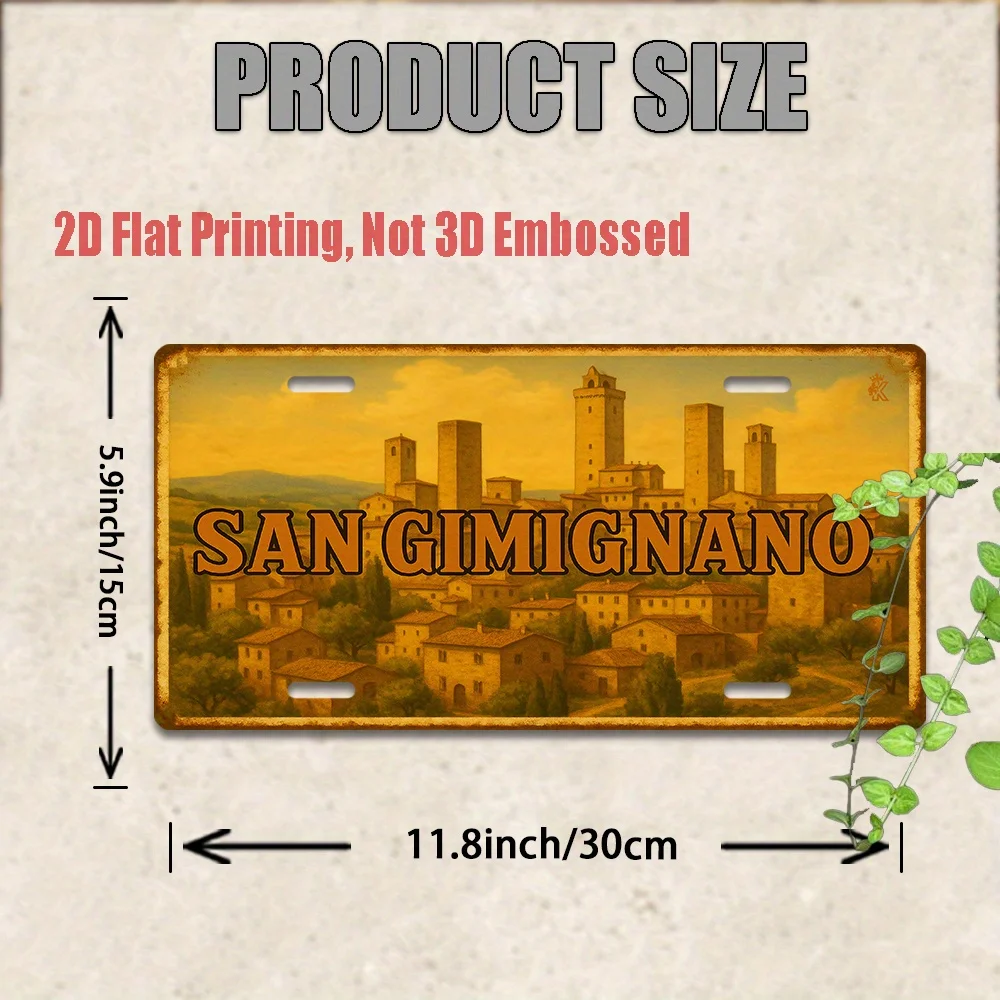 2D Flat, 1pc Italian Tuscan Wall Art - San Gimignano Italy Aluminum Z Plaque Sign with Tower & City Design, Indoor/Outdoor Itali