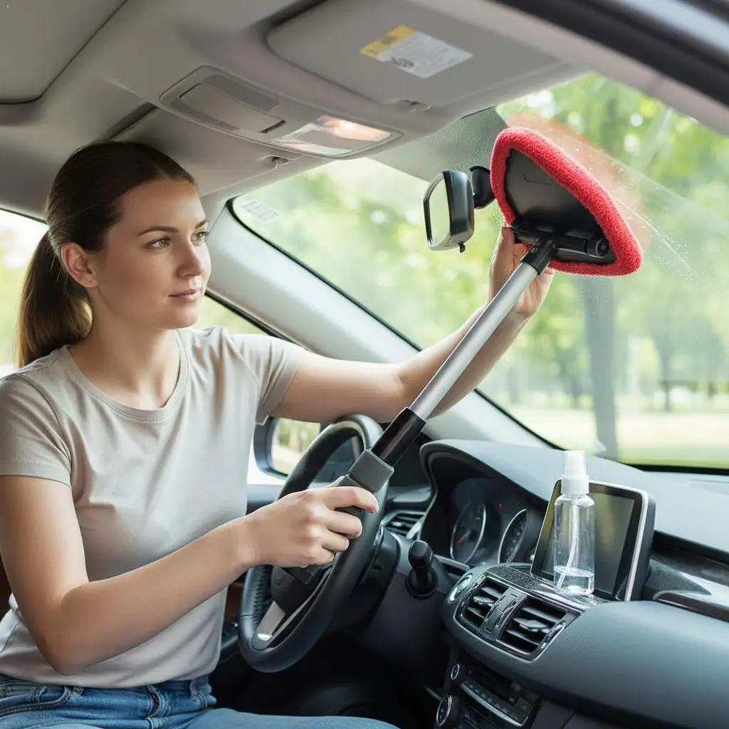 Cepillo de limpieza para parabrisas de coche con mango extensible - Herramienta de limpieza profunda de microfibra para desempañar cristales interiores