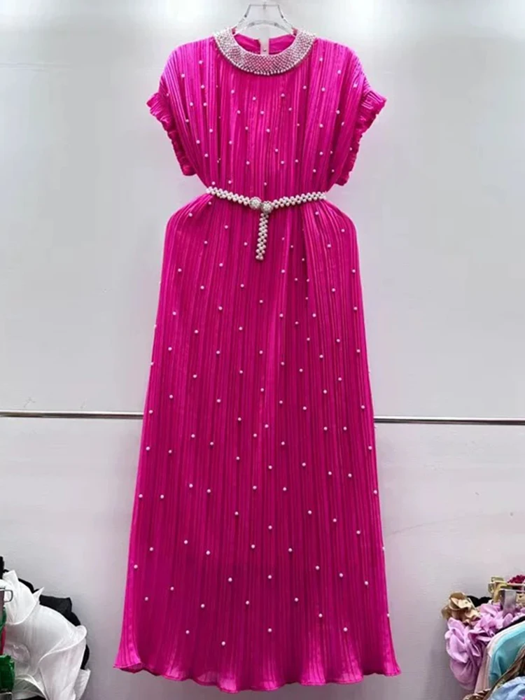 

Heavy female summer dress temperament beaded strap waist short sleeve pleated dress fashion holiday elegant loose dress.