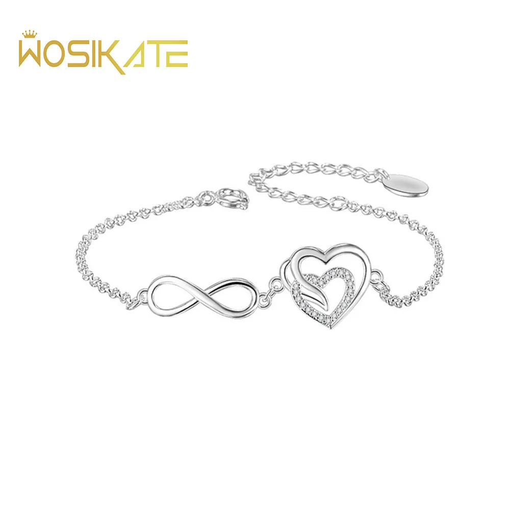 WOSIKATE Real 925 Sterling Silver Bracelet Inlaid Zirconia Fashion Heart Shaped Creative Chain Bracelet 925 Jewellery Gifts