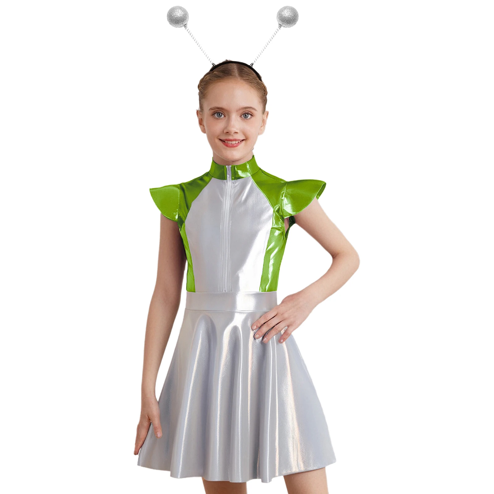 Kids Girls Outer Space Alien Robot Costumes Carnival Movie Party Metallic Tunic Dress Cutie Costume with Hair Hoop for Halloween
