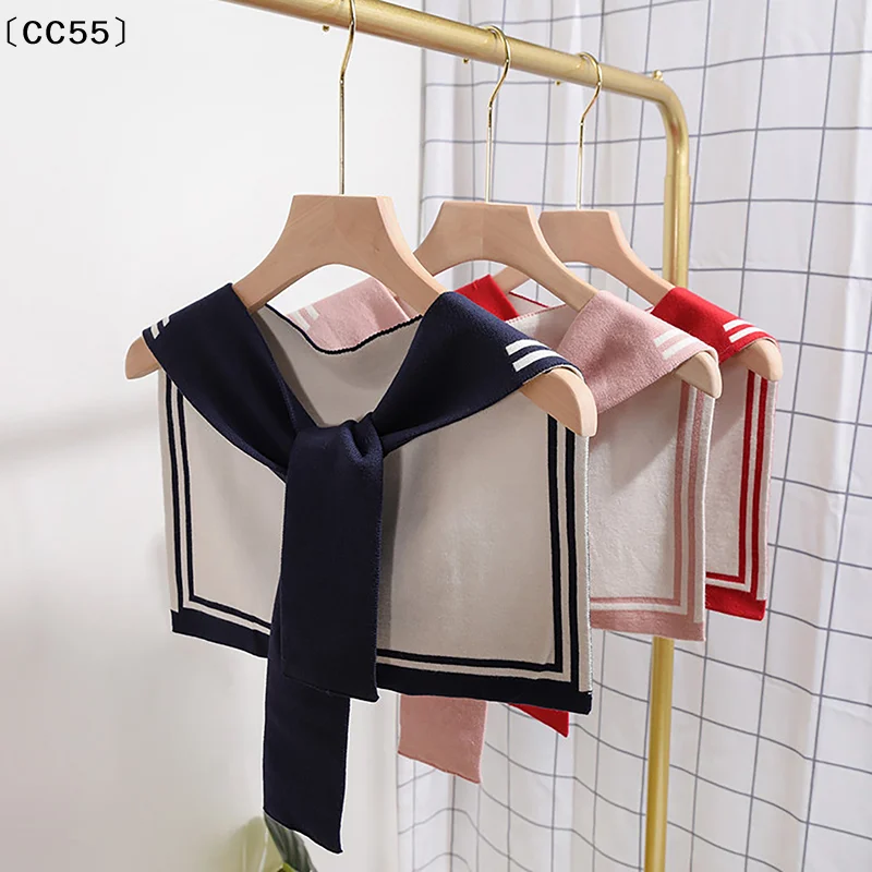 College Navy Stripe Wool Knit Shoulder Cape Knotted Warm Shawl Summer Air Conditioned Room Protect Neck Woman's Scarf〔CC55〕