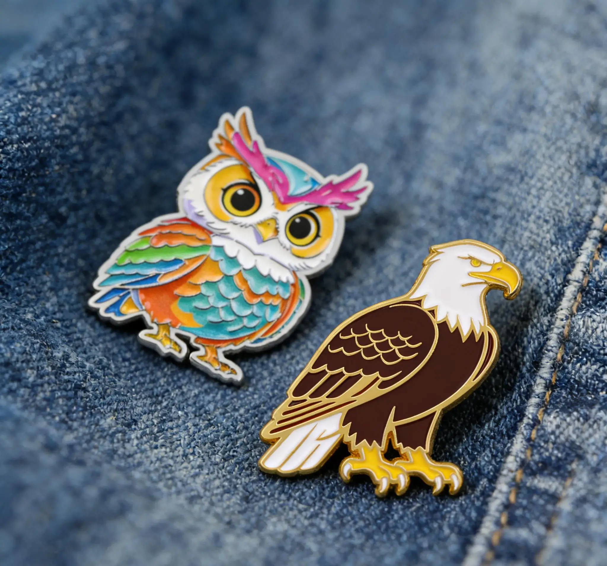 Weißkopfseeadler und Eule Emaille-Anstecknadeln Metall-Brosche Rucksack Hut Tasche Kragen Revers Abzeichen Herren Damen Mode Schmuck Kollektion Geschenke 2 Stück
