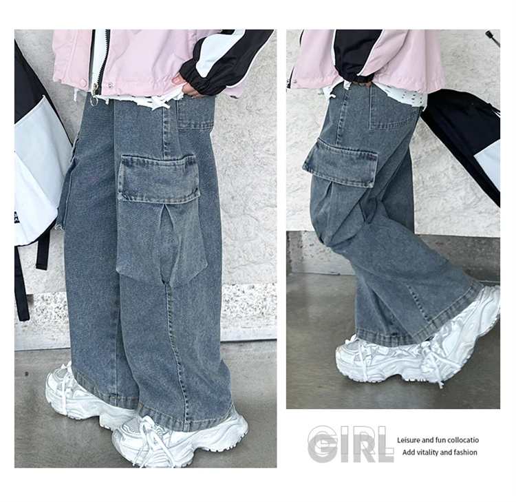 Kinder Retro Distressed Cargo Jeans mit Tasche für Mädchen, Modische Streetwear Denim Hosen, Teenager Kinder Baggy Cargo Jeans Hosen – Detail 7