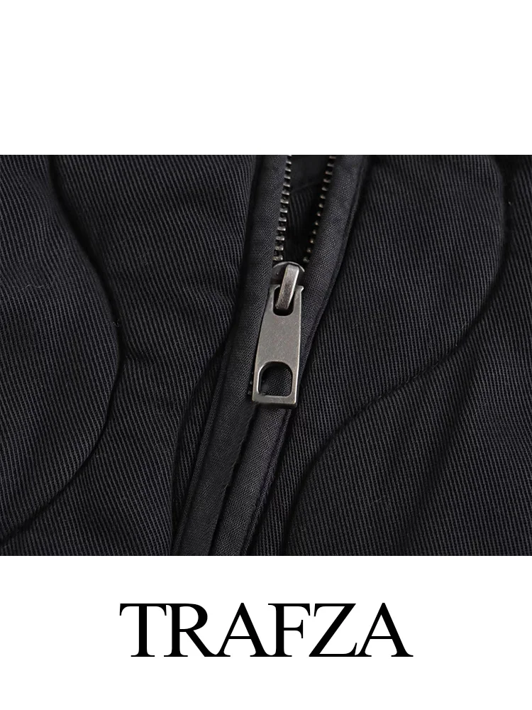 TRAFZA Winter New Women's Quilting Cotton Jacket High Collar Loose Cotton Drawstring Jacket Washed Old Pockets Decorated Coat