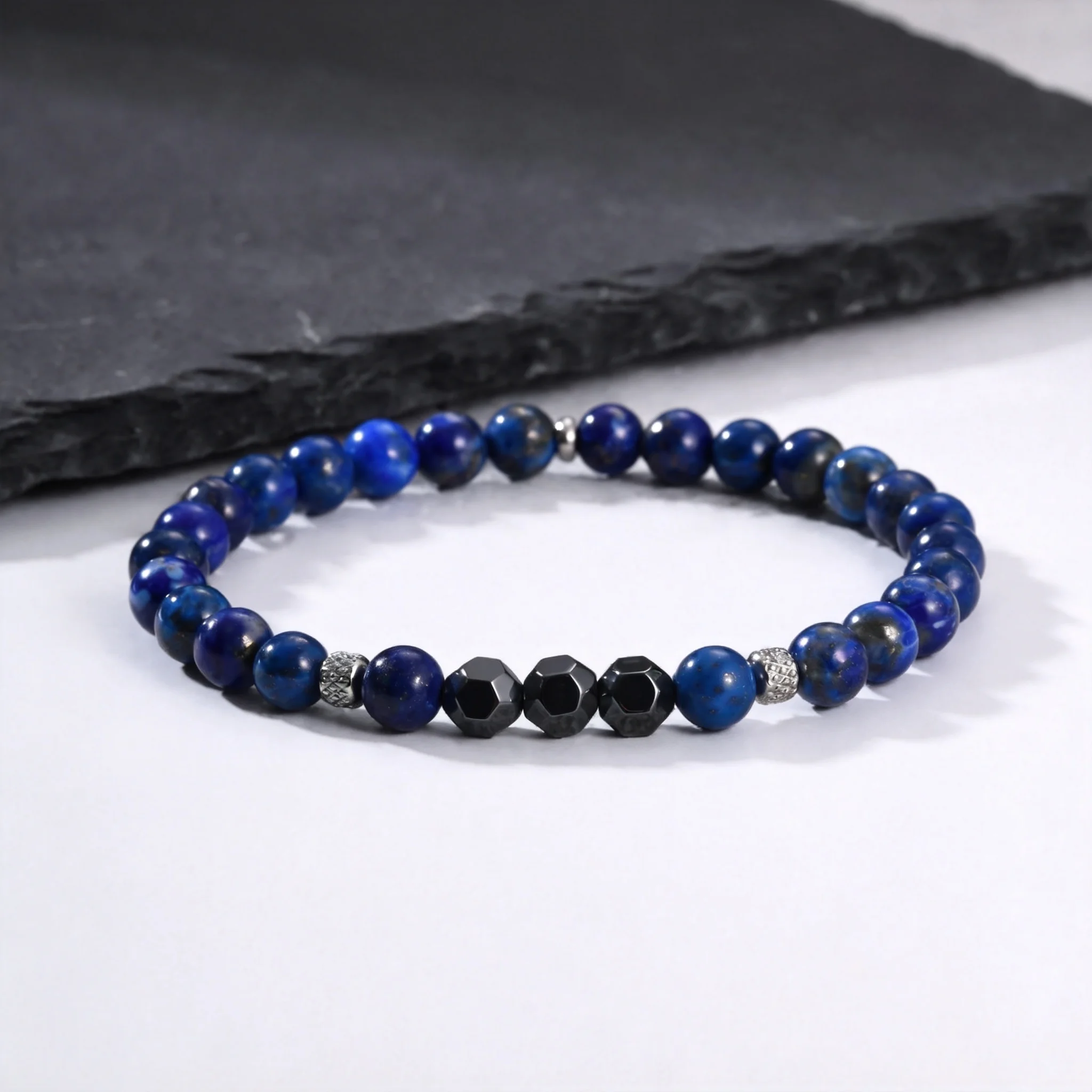 Stilvolle Blaue Naturstein-Perlenarmbänder für Männer, Lapislazuli Hämatit Armband, Heilende Energie Yoga-Schmuck – Detail 5