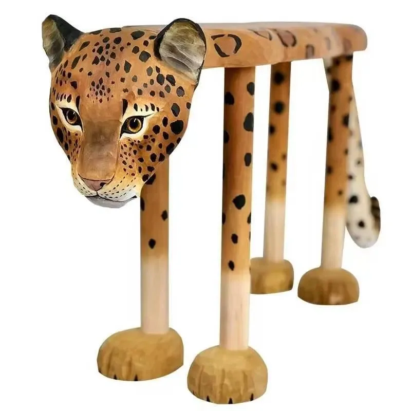 Solid Wood Carved Nordic Leopard Print Shoe Changing Stool for Home Porch Locker Room Foyer Entryway Bench