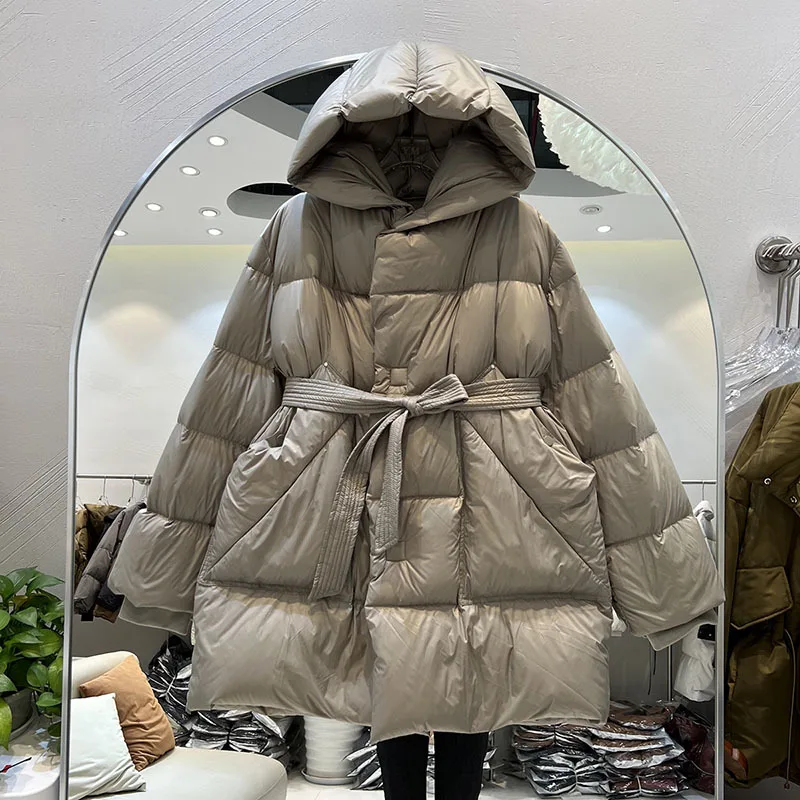 2023 New Winter Ultra Light Mid Long Puffer Jacket Women Hooded Waist Lace Up Loose Warm White Duck Down Casual Overcoat