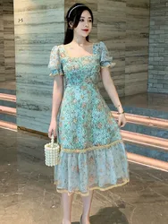 Franse Vintage Bloemenprint Zomerjurken 2024 Zoete Vierkante Kraag Korte Pofmouw Kralen Mesh Party Vestidos De Mujer