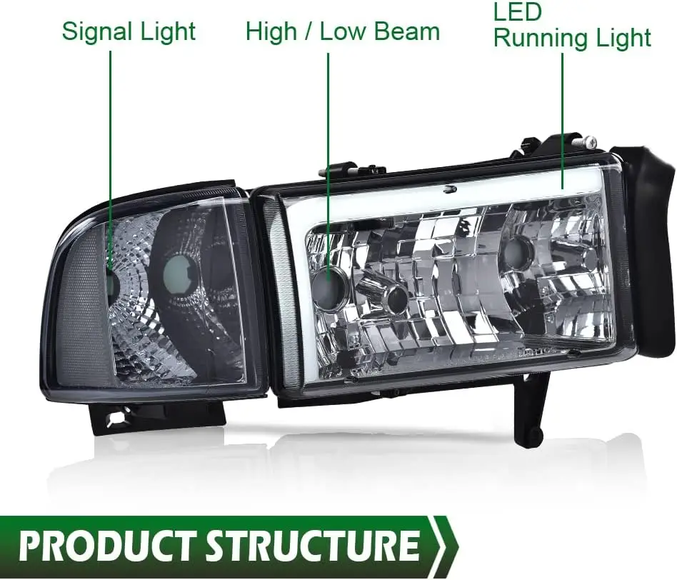 Led Drl Headlights, Compatible with Dodge Ram 1500 2500 3500 1994 1995 1996 1997 1998 1999 2000 2001 2002 Black Housing Clear Co