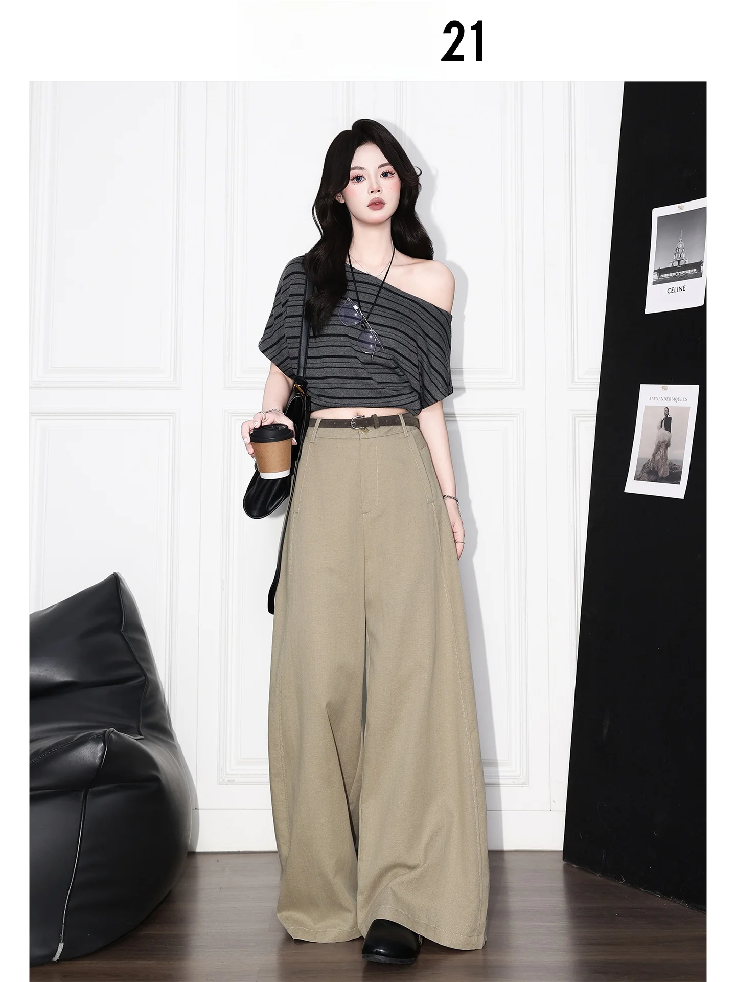 Pantalones de traje de pierna ancha color caqui, pantalones informales holgados y cómodos de cintura alta para mujer, Forever 21, estilo preppy americano, Citywalk