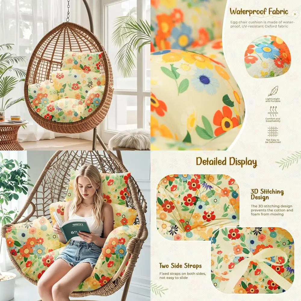 

Durable Waterproof Egg Chair Cushion, 47x31.5x4.7, Thick Hanging Swing Chair Cushion with Headrest Pillow, Daisy Pattern, Suitab