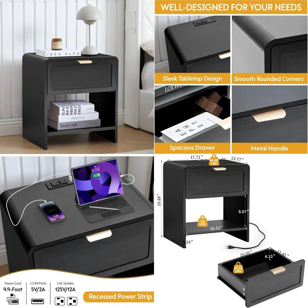 

"Современная зарядная станция, тумбочка с изогнутыми углами и ящиком для хранения"