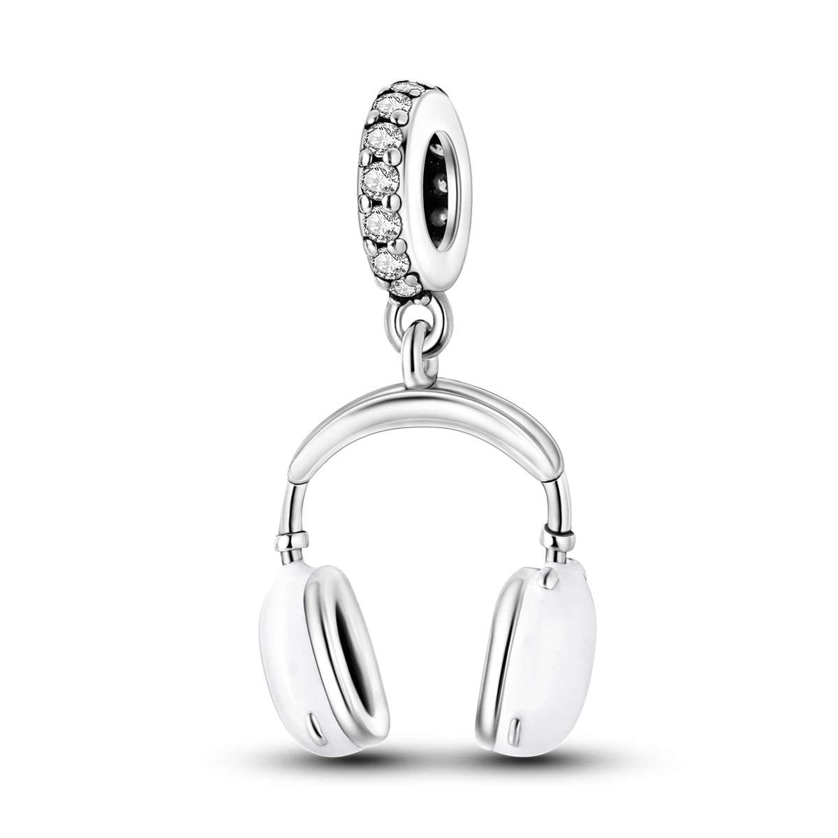 925 Sterling Silber Kabellose Kopfhörer Charm Weiß Emaille Klare CZ Anhänger Perle Passend für Armbänder Musikliebhaber Mode Damenschmuck