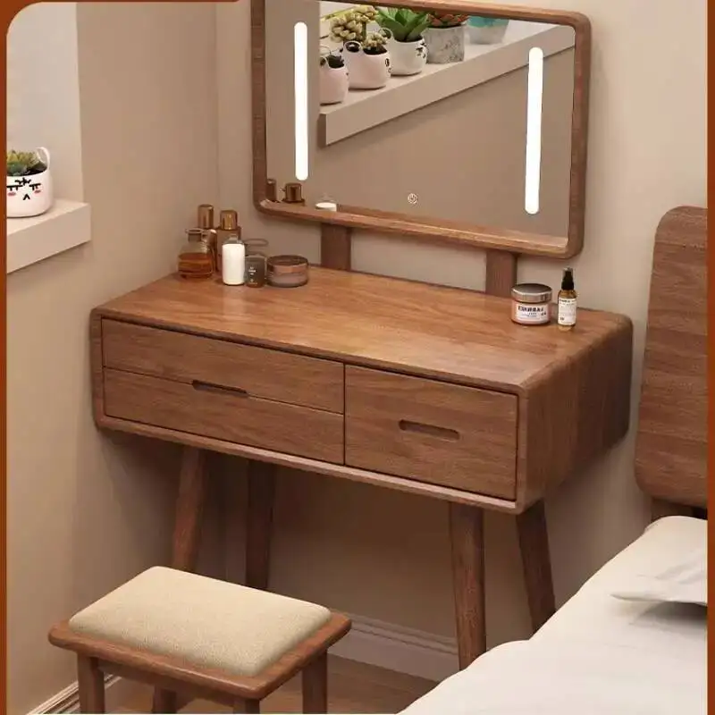 

Simple Brown Vanity Table Dest Storage Drawer Solid Wood Makeup Vanity Desk Mirror Modern Coiffeuse De Chambre Furniture Home