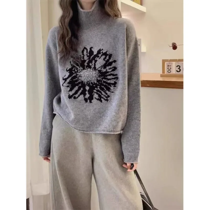 

Women's Clothing High Neck Knitted Sweater Retro Jacquard New Style Sweater Autumn and Winter Korean Style Pullover Versatile