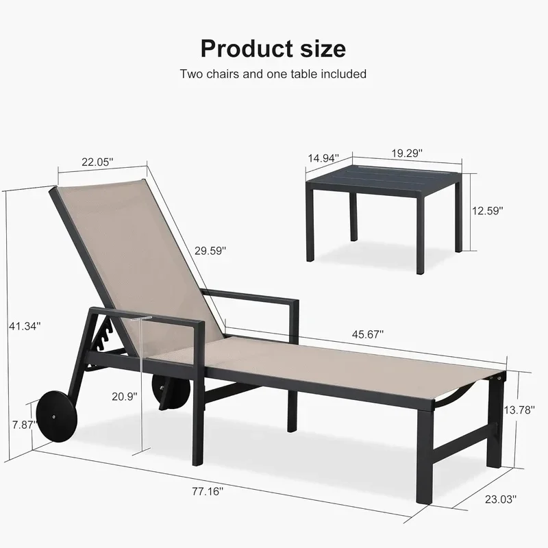 Adjustable Aluminum Patio Chaise Lounger Chair Set for 2 Outdoor Pool Beach