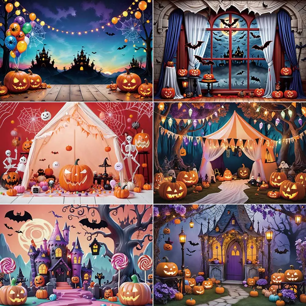 MOON.QG Halloween 2025 Backdrop Photography Jack O Lantern Pumpkin Castle Photozone Background Children Studio Photobooth Props