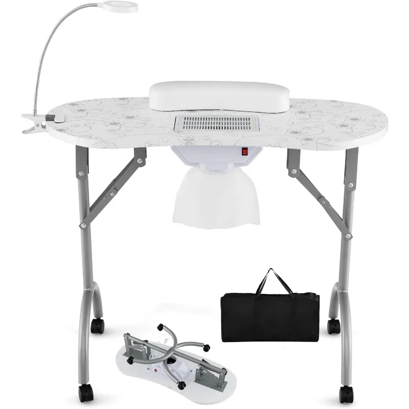 35-inch Portable Nail Desk, Foldable Manicure Table with Dust Collector, Bendable LED Table Lamp, Carry Bag, 4 Lockable Wheels