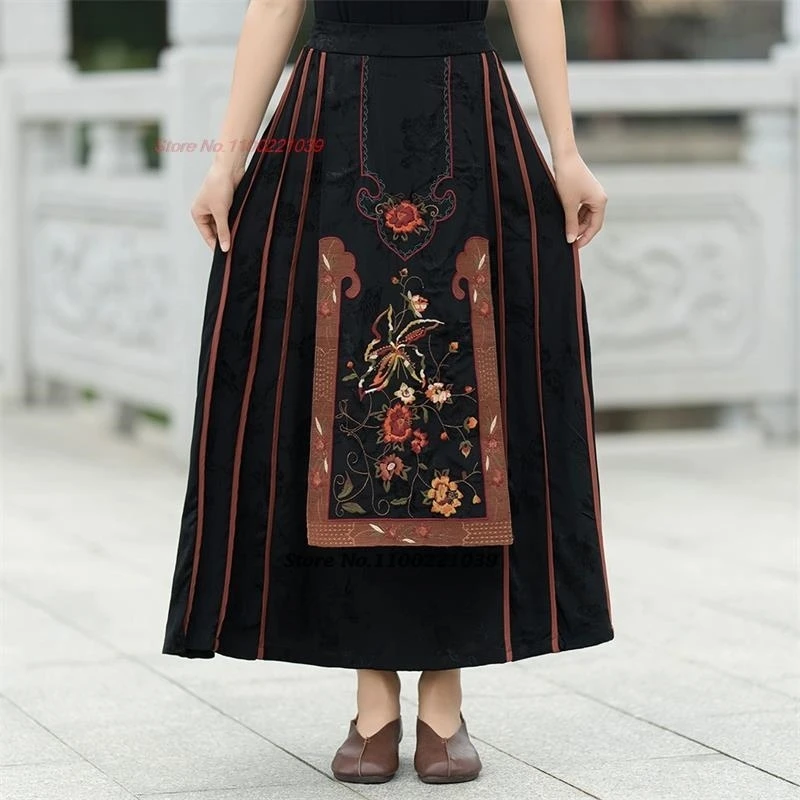 2025 chinese vintage skirt national flower embroidered traditional elastic waist a-line skirt ethnic jacquard improved skirt