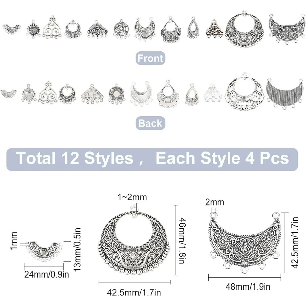 1Box 48Pcs 12 Style Chandelier Connector Charms Earring Findings Multi Loops Bohemian Charms Antique Silver Round Teardrop