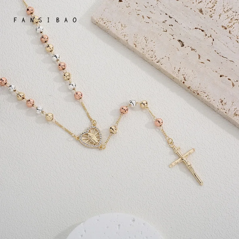 FanSibao Tricolor Laser Prayer Beads Virgin Mary Pendant Necklace Personalized Jewelry Women Fashion Religious Jewelry