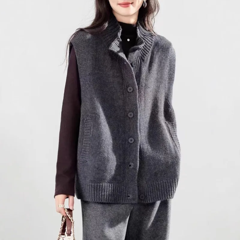 

New Women's Knitted Sweater Vest Jacket Autumn Winter Loose Warm Vest Coat Women's Turtleneck Vest Sweater Cardigan Outerwear
