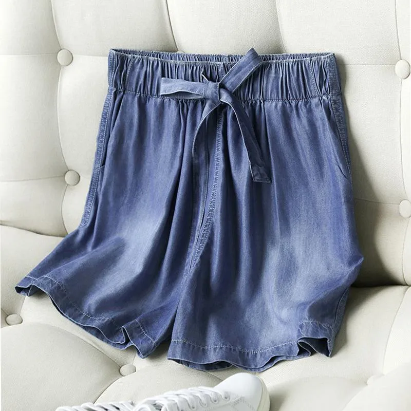 New 2023 Summer Arts Style Women Elastic Waist  Loose Cotton Denim Shorts All-matched Casual Vintage Blue Hot Pants Jeans P146