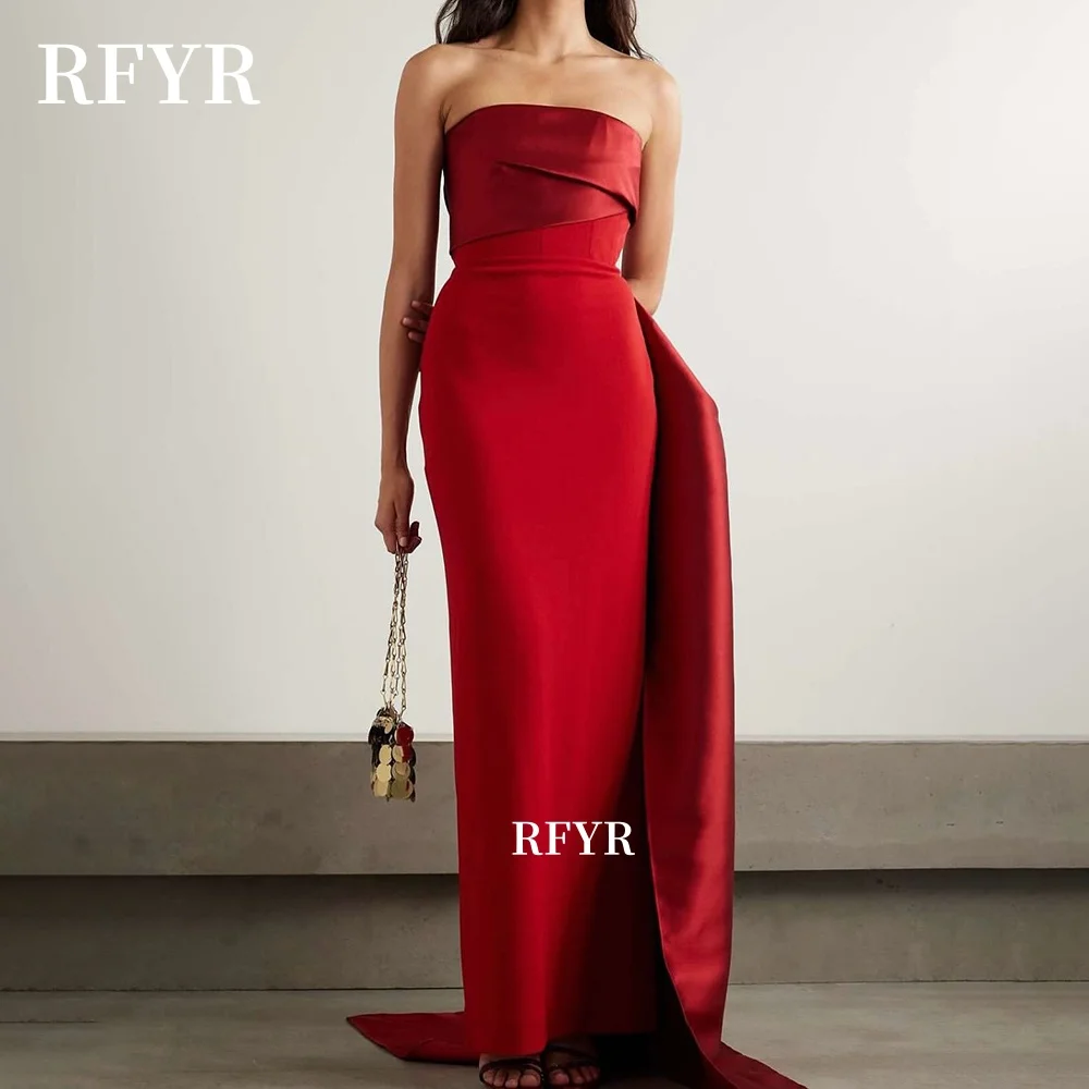 

RFYR Red Prom Dress Straight Party Dress with Back Train Princess Dress Formal Satin Evening Dress for Arabic Women Customized