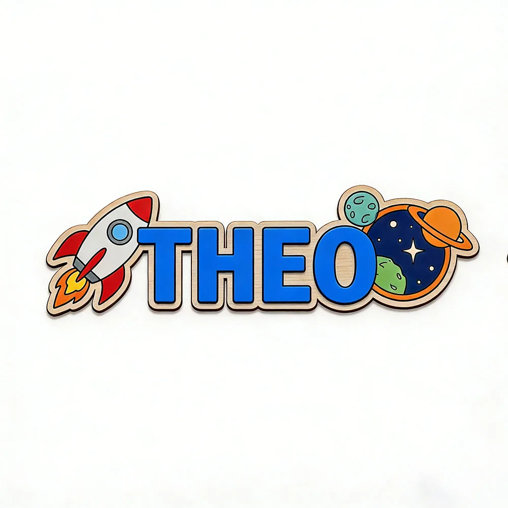 Personalized Space Rocket Name Sign for Boys Room Wooden Nursery Wall Decor Custom Baby Shower Gift view 3