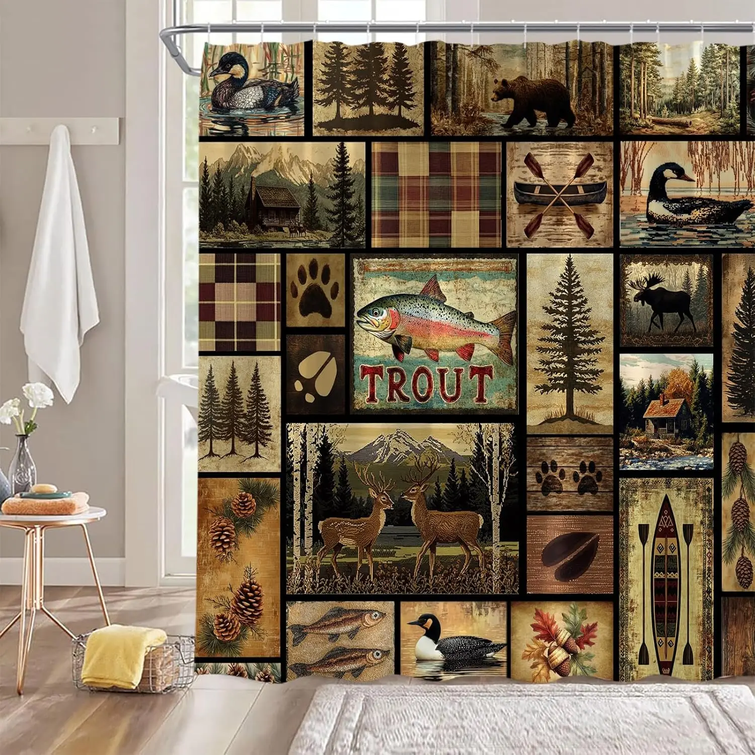 Rustic Farmhouse Shower Curtain,Cabin Bear Deer Fishing Forest Animal Country Lodge Camping Primitive Brown Bathroom HomeCurtain