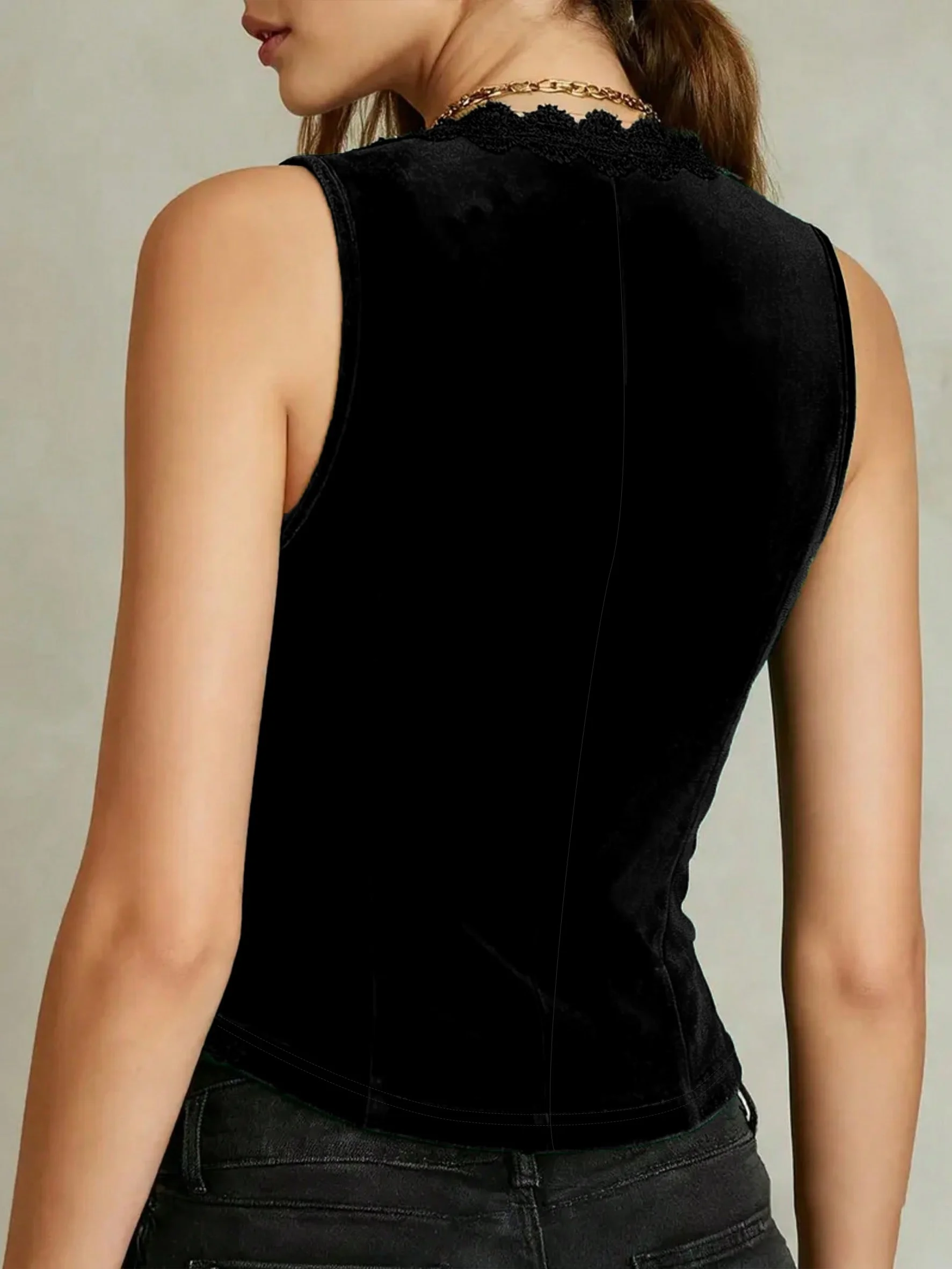 Solid Color Velvet V-Neck Lace Trim Women Vest, Vintage Single-breasted Waist Slimming Sleeveless Waistcoat
